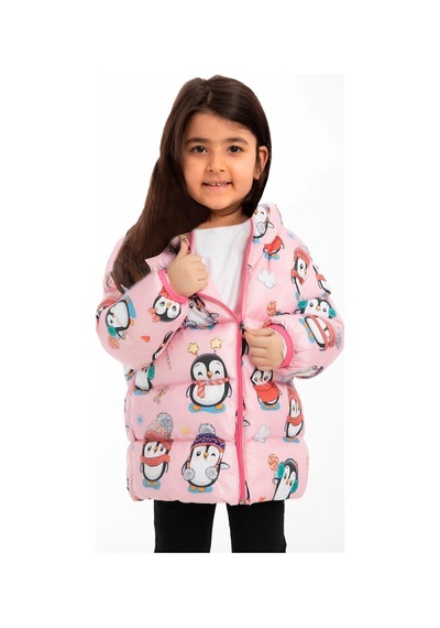 Kız Çocuk Polarlı Kapüşonlu Penguen Şeker Desenli Kışlık Şişme Mont & Kaban & Parka-40 Pembe