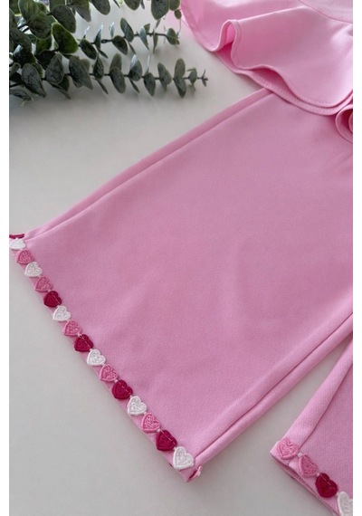 Magu Kız Çocuk Pamuklu Pembe Kalp Detaylı Bluz Pantolon Takım