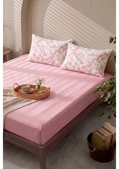 Pudra Pembe Sakura Çift Kişilik Lastikli Çarşaf Takımı 160x200 Cm - 3 Parça Çok Renkli