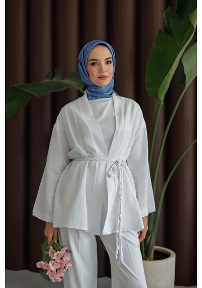 Moonsc Keten Kimono Kemerli Beyaz