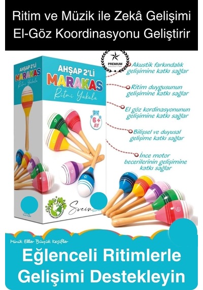 Ahşap 2'li Marakas Seti Ritmi Yakala Müzik Aleti Çocuk Bebek Sesli Çın Çın Davul Çıngırak Vurmalı