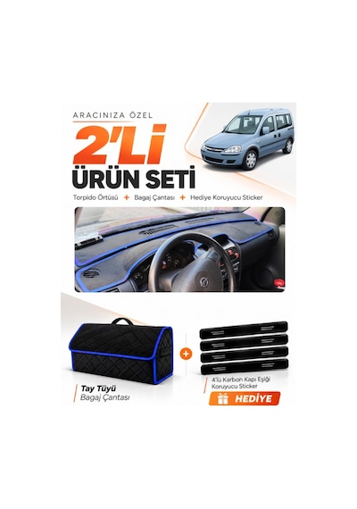 E-biz Opel Combo C 2001-2011 Uyumlu Torpido Örtüsü + Tay Tüyü Bagaj Çantası - Siyah-mavi - Op007