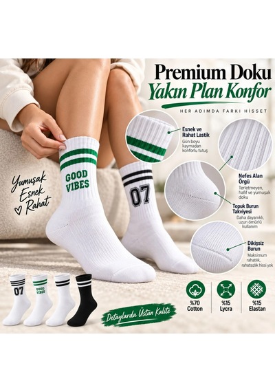 Çorap Giyim Unisex Çorap Çizgili 8'li Set 07 Good Vibes Baskılı Siyah Beyaz Uzun Soket Spor Kolej Stil Çorap Çok Renkli