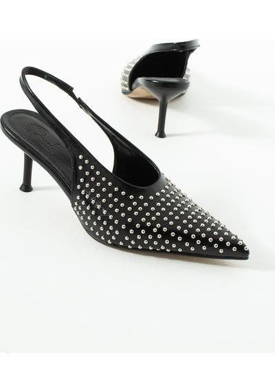 Duxal Shoes Joy Siyah Cilt Zımba Detaylı Sivri Burun Slingback Topuklu Ayakkabı