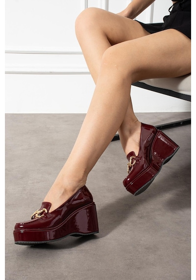 Zenne Shoes Dolgu Topuklu Tokalı Kadın Ayakkabı Bordo Rugan