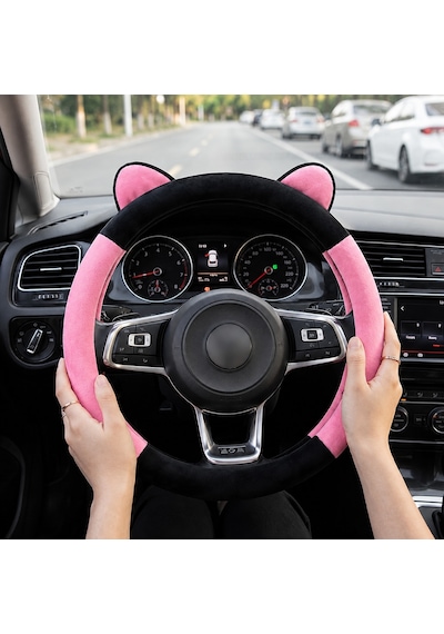 Mega Oto Market Universal Kadife Peluş Direksiyon Kılıfı Kulaklı Tasarım Pembe Siyah 37-38 Cm