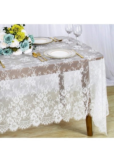 Lexroo Bolivia S Yemek Masası İçin Masa Örtüsü, 150x300cm Keten Dekor, Beyaz Dantel Detaylı Örtü