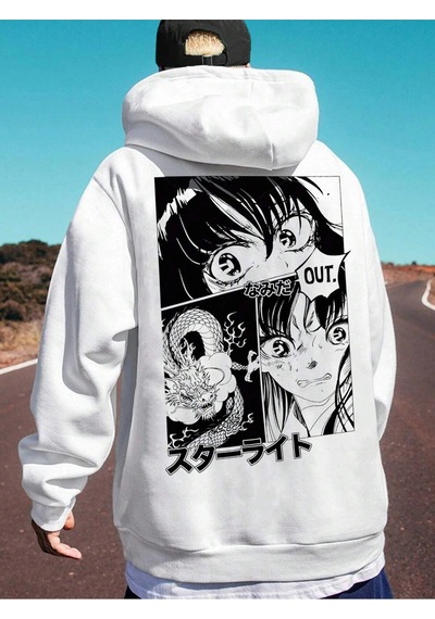 Startmore Adrift Unisex Kadın/erkek Beyaz Anime Out Baskılı Oversize Kapüşonlu Sweatshirt Beyaz