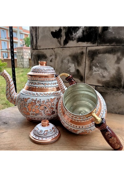 Beyaz Seramik Boya Kaplama Gül Çiçek Bakır Çaydanlık