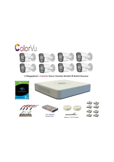 Hikvision 2 MP 8 Kameralı 2 TB Disk Dış ortam AHD HD-TVI ColorVu Gece Renkli Kamera Seti