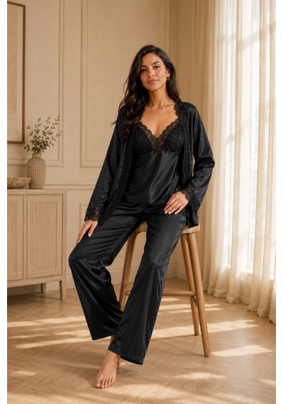 Loule Kadın Siyah Sabahlıklı Uzun Saten Pijama Takımı 3 Parça