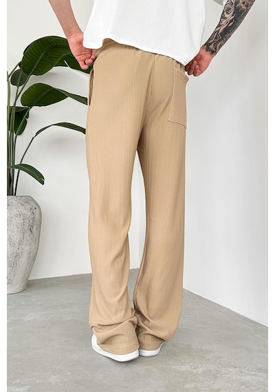 Bej Beli Lastikli Fitilli Baggy Pantolon Bej