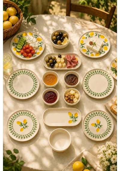 Yeşil Limon 14 Parça 6 Kişilik Handmade Stackable Seramik Tabak Seti Premium Sunum & Kahvaltı Takımı Beyaz