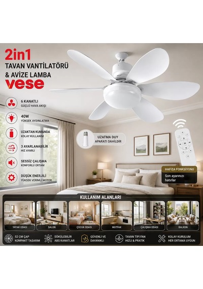 6 Kanatlı Kumandalı 2in1 Tavan Vantilatör Avize 40w .