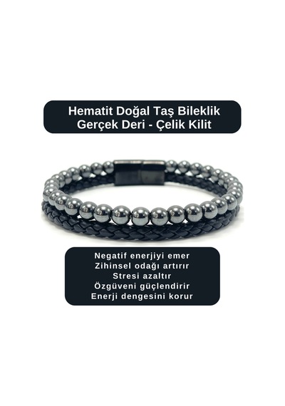 Sertifikalı Hematit Doğal Taş Bileklik Gerçek Deri Çelik Kilit Çok Renkli