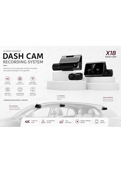 Dxtel X18 4k Dokunmatik Araç Kamerası Ön Arka Kamera Wifi Gece Görüşlü G-sensör Park Modu Döngüsel Kayıt Dash Cam 3 Kameralı