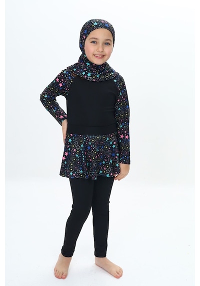 My Kids Wear Üç Parça Kız Çocuk Haşema, Tesettür, Etekli, Kapalı Mayo Mavi - Sarı