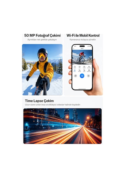 Exenar - Siyah - 5k Aksiyon Kamerası Wi-fi 50mp Çift Ekran Su Geçirmez Kılıflı Vlog Kamerası Eıs Sony Imx386 Sensörlü