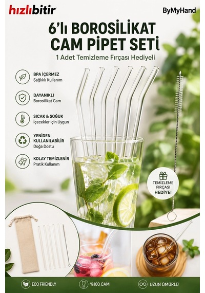 Bymyhand 6'lı Cam Pipet Seti Temizleme Fırçası Hediyeli Şeffaf