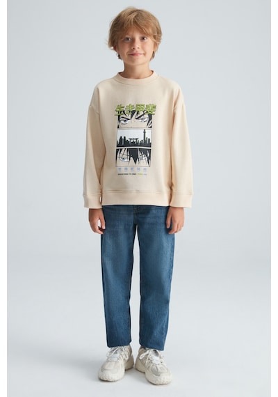 Grimelange REMCO Erkek Çocuk Nakışlı Yuvarlak Yaka Krem Sweatshirt