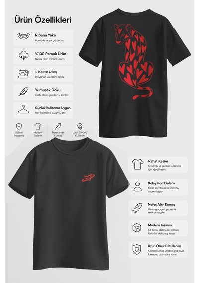 Spoyi Çita Tasarımlı %100 Pamuk Yarım Oversize Siyah T-shirt