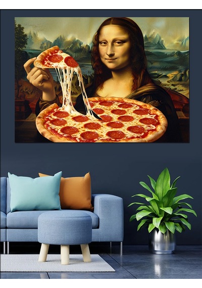 Mona Lisa Pizza Yiyor Komik Dekoratif Kanvas - Mdf Ahşap Tablo