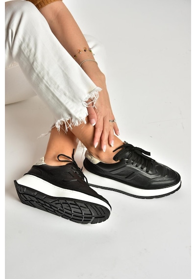 Fox Shoes U555605603 Siyah Hakiki Deri Kalın Tabanlı Spor Ayakkabı Sneakers Siyah