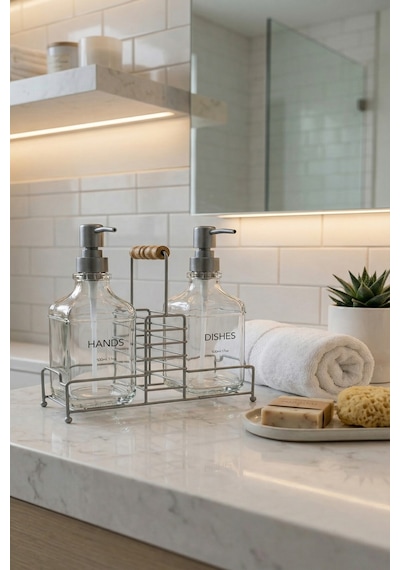 Makri Home Lüks Bambu Kulplu Gri Metal Stantlı İkili Cam Sıvı Sabunluk 500 Ml, 23x9x23,5 Cm