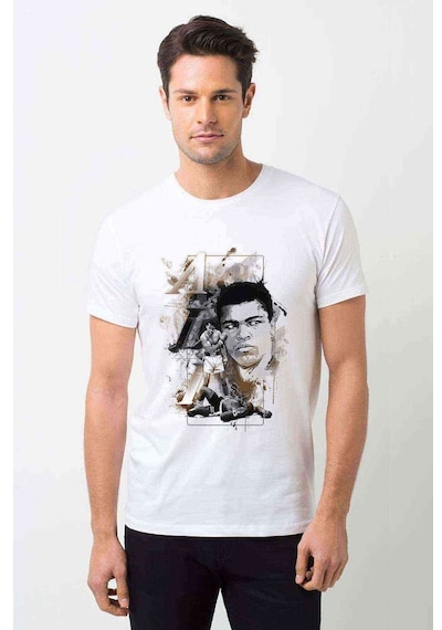 Muhammed Ali Knockout Baskılı Beyaz Erkek Tshirt