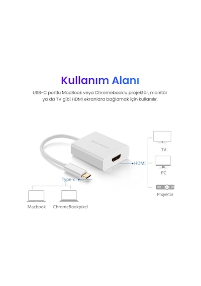 Ugreen Type-c - Hdmı Dişi 4k Çevirici Adaptör, Beyaz, 40273
