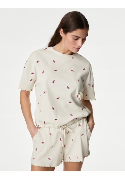 Marks & Spencer Regular Fit Kısa Kollu Pijama Üstü T37003510T Krem Mix
