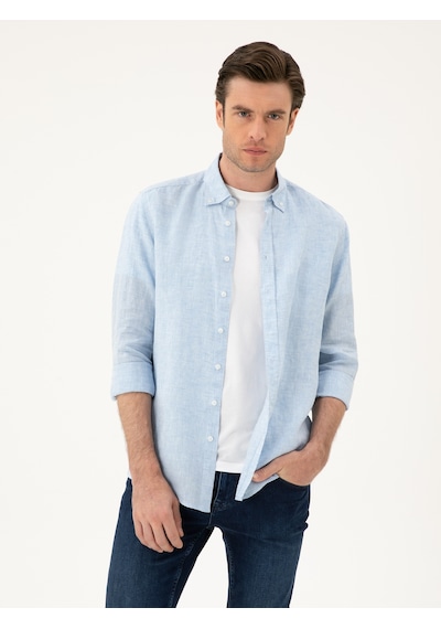 Cacharel Mavi Regular Fit %100 Keten Gömlek