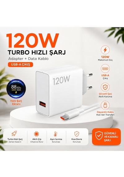 120w Turbo Saniyeli Usb To Typc-e Şarj Aleti Beyaz