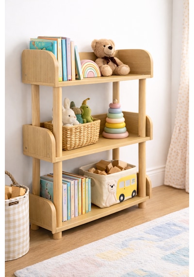 Pureza Ahşap Çocuk Kitaplık & Oyuncak Rafı 3 Katlı Çok Amaçlı Düzenleyici 60x80 CM Meşe