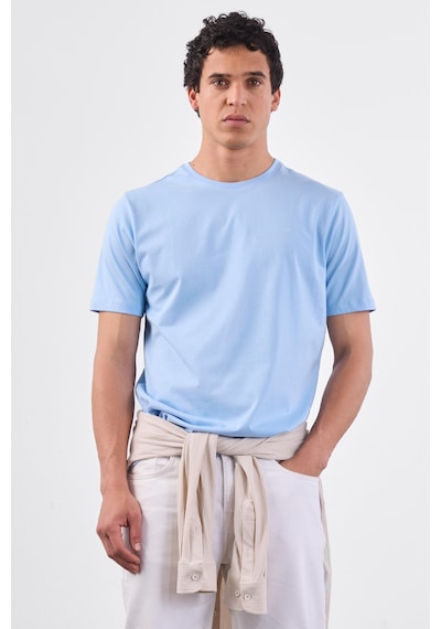 Dufy Açık Mavi Bisiklet Yaka Pamuklu Düz Renk Slim Fit Erkek T-shirt Mavi