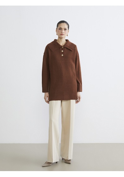 Lcw Modest Kahverengi Polo Yaka Kadın Triko Kazak
