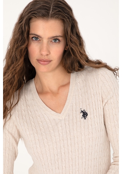 U.S. Polo Assn. Kadın Krem Melanj V Yaka Basic Kazak 50313625-VR159