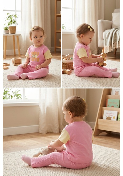 Harika Kids Kız Bebek Yazlık Bol Paça Alt-üst Takım Pembe