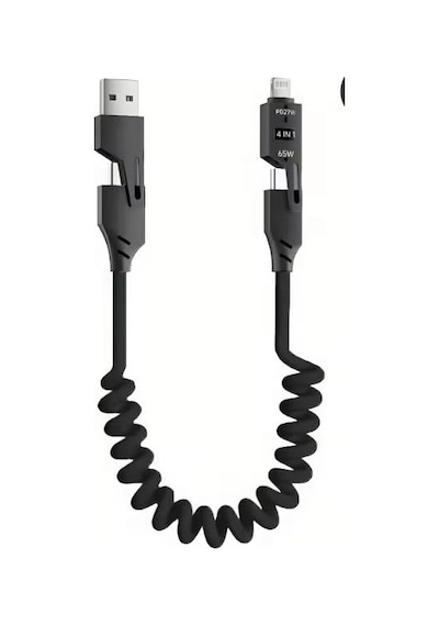 Pda Teknoloji 65w Type-c+usb A To Type-c+lightning Akordiyonlu Hızlı Şarj Kablosu 1.5m Siyah 65w Spiral, 4 İn 1 Diğer