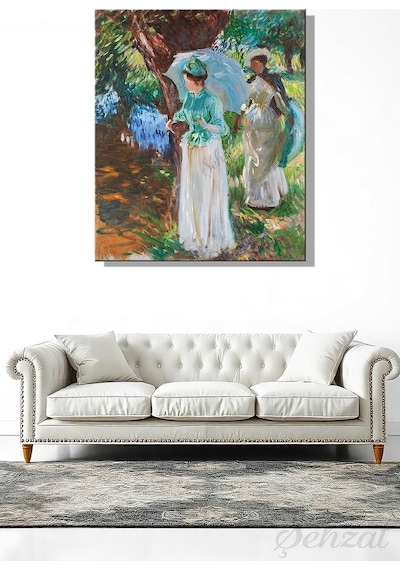 Tablo Kare Kanvas Tekli Salon Mutfak Yatak Odası Ofis John Singer Sargent - Şemsiyeli İki Kız