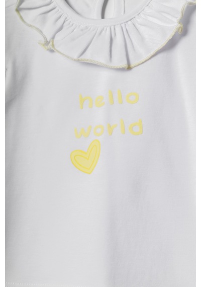 Hafy Baby Hello World Nakışlı, Fırfır Yakalı, Kız Bebek Şortlu Takım Beyaz - Sarı Hafy Baby Hello World Nakışlı, Fırfır Yakalı, Kız Bebek Şortlu Takım Beyaz - Sarı