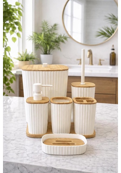 Duvara Yapışkanlı Gerçek Bambu Beyaz 6'lı Safir Banyo Seti Beyaz