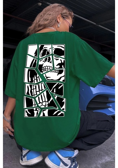Unisex Skullcracked Baskılı T-shirt Yeşil