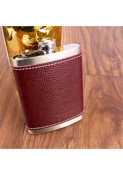 Perlotus 8 Oz 235 Cc Hunili Kızıl Kahverengi Hakiki Deri Kılıflı Çelik Viski İçki Matarası Kahverengi Açık
