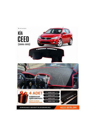 Kia Ceed 2006-2012 Uyumlu Torpido Koruma, Torpido Örtüsü, Torpido Kılıfı - Siyah Kırmızı