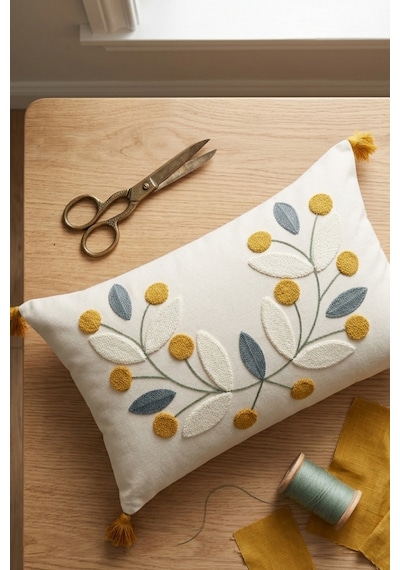 Tomurcuk Botanik Dal Ve Yaprak Motifli Punch Nakışlı Püsküllü Pamuk Kırlent Kılıfı 35x55 Cm Sarı
