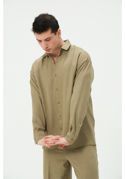 Erkek Oversize Keten Uzun Kol Dört Gömlek Haki