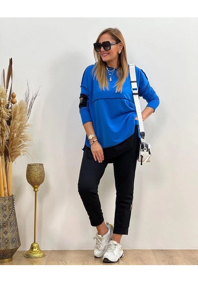 DefyModa Kadın Kapşonlu Etek Ucu Detay Armalı Ters Dikiş Gorunumlu Ikili Takım Mavi