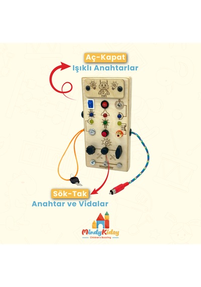 Çocuklar İçin Eğitici Ahşap Montessori Işıklı Civatalı Vidalı Oyun Panosu - Zeka Geliştirici Oyuncak