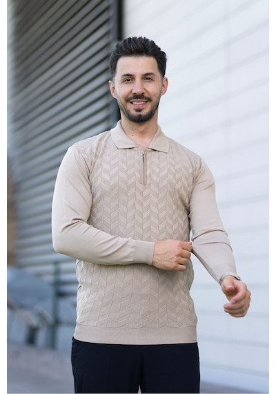 Hk Premium Erkek Triko Kazak Zikzak Desenli Polo Yaka Fermuarlı Slim Fit Bej